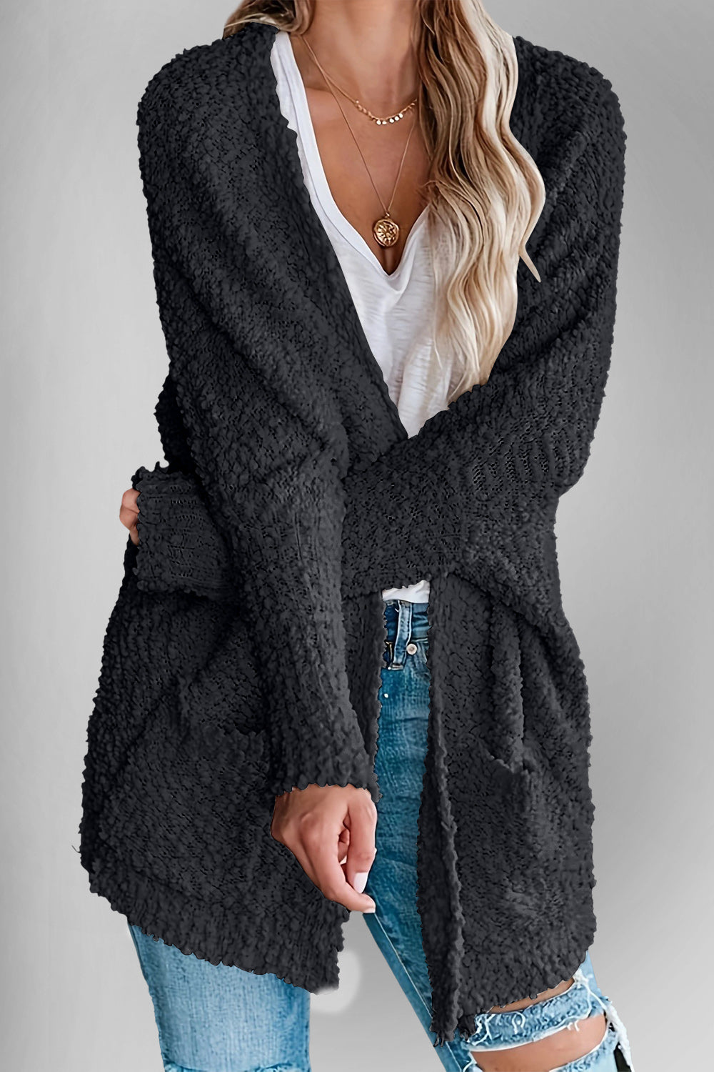 Sweater Cardigan - Double Take Pocketed Open Front