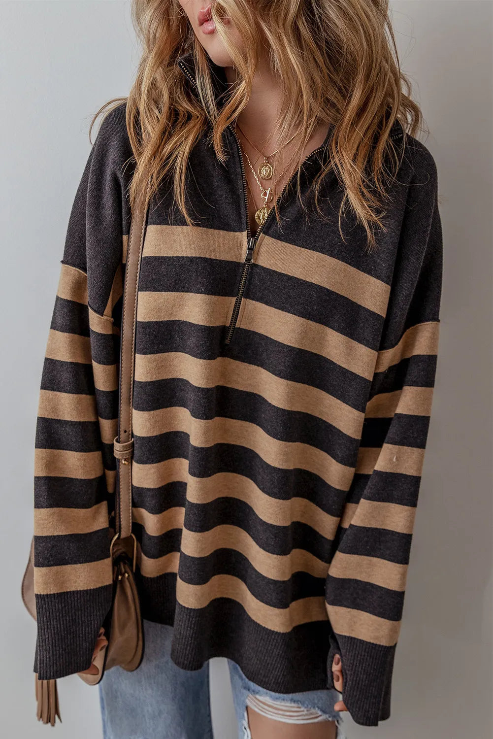 Sweater - Striped Half Zip Long Sleeve