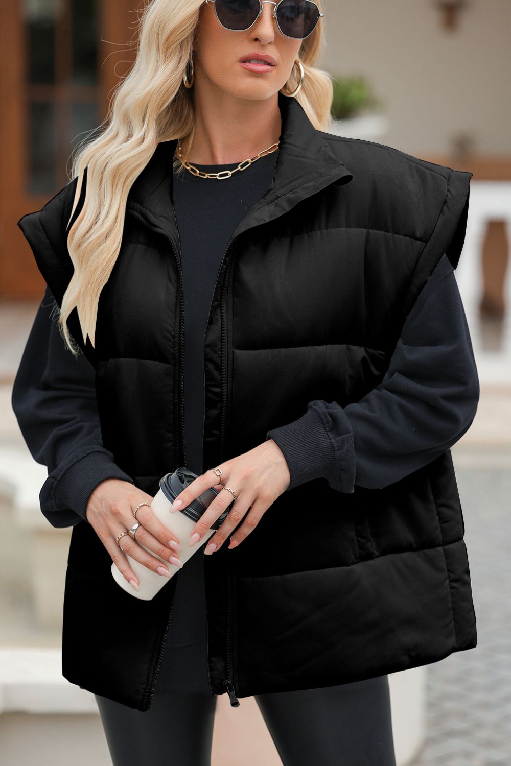Vest - Oversized Zip Up Puffer Vest Coat with Pockets