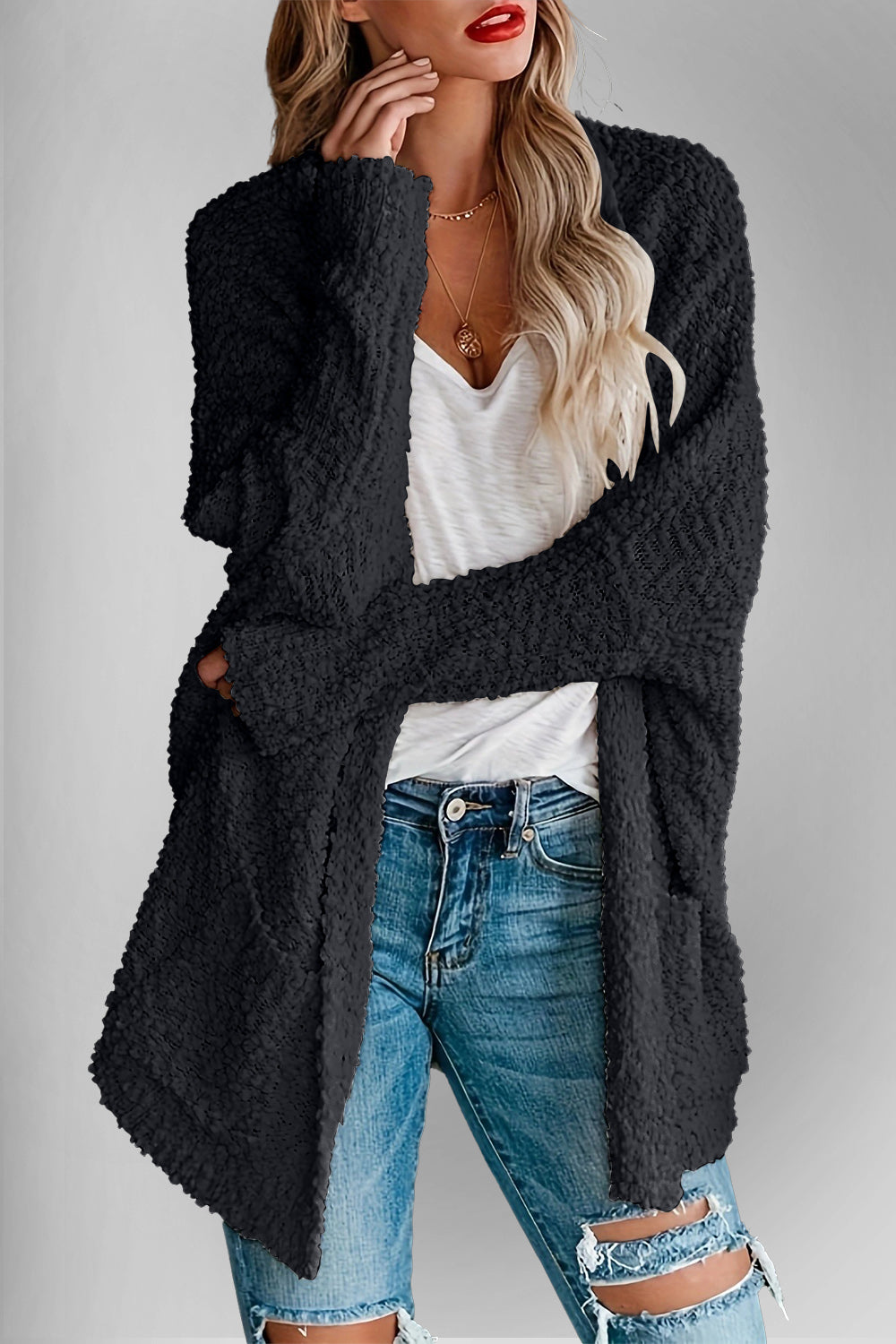 Sweater Cardigan - Double Take Pocketed Open Front