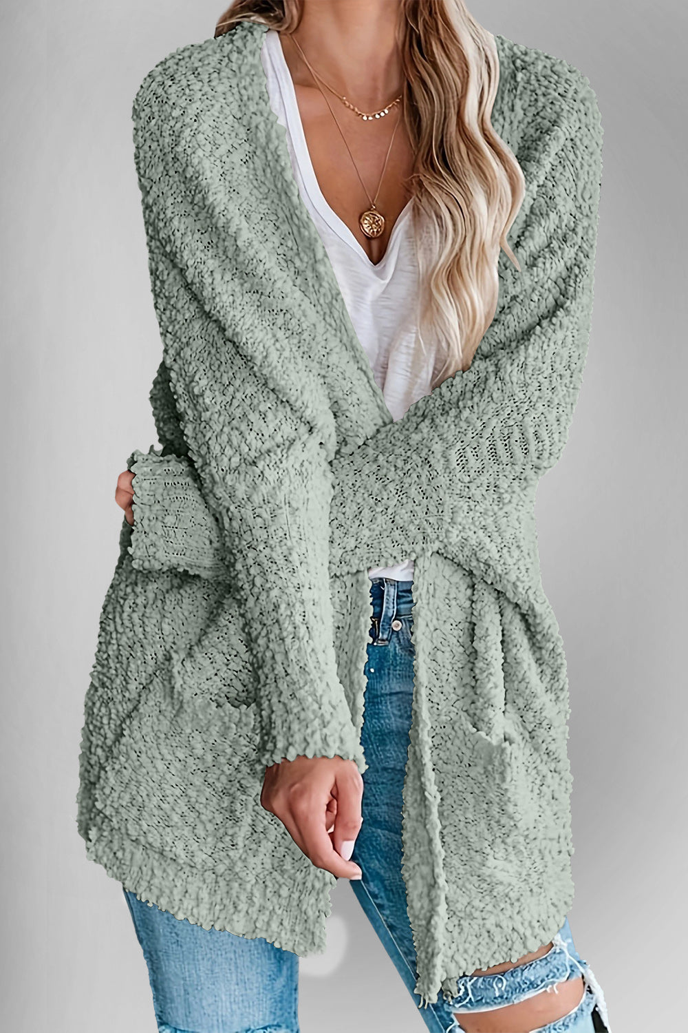 Sweater Cardigan - Double Take Pocketed Open Front