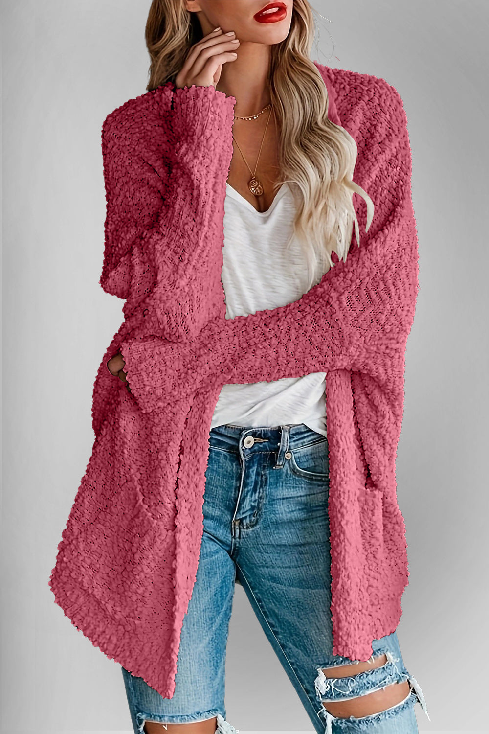 Sweater Cardigan - Double Take Pocketed Open Front