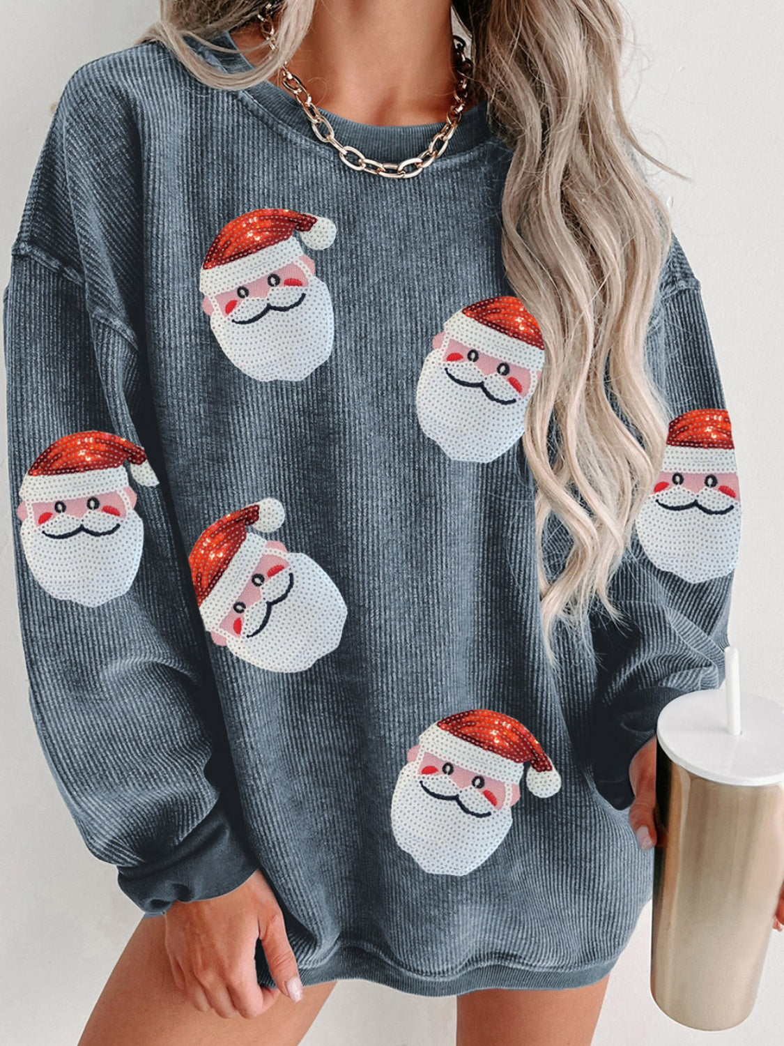 Sweatshirt - Sequin Santa Patch Ribbed