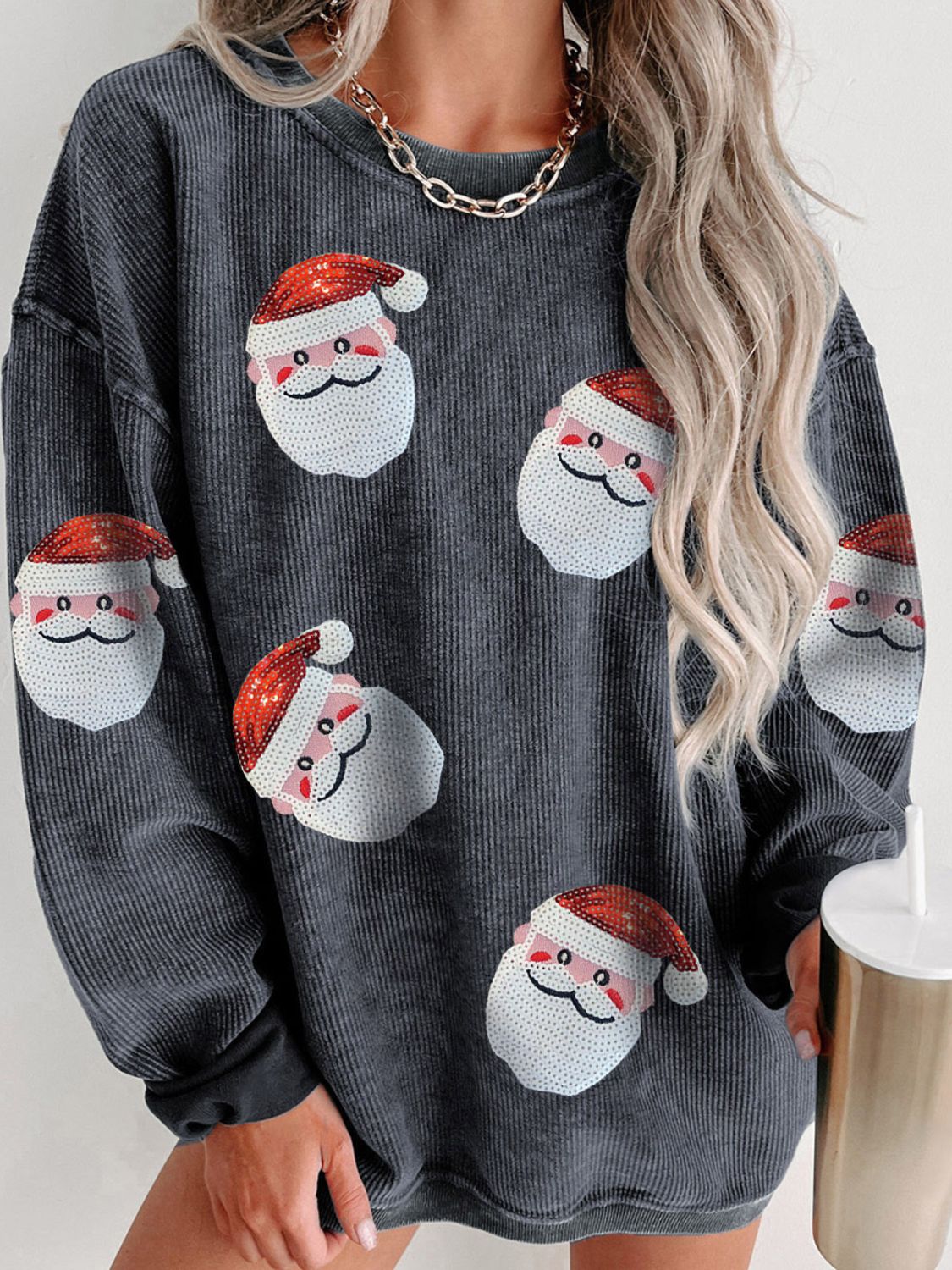 Sweatshirt - Sequin Santa Patch Ribbed
