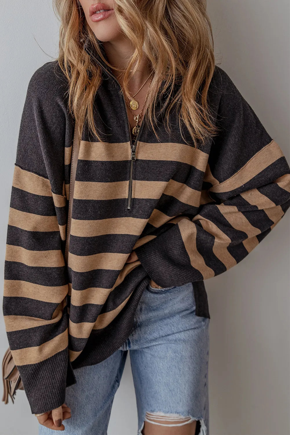 Sweater - Striped Half Zip Long Sleeve