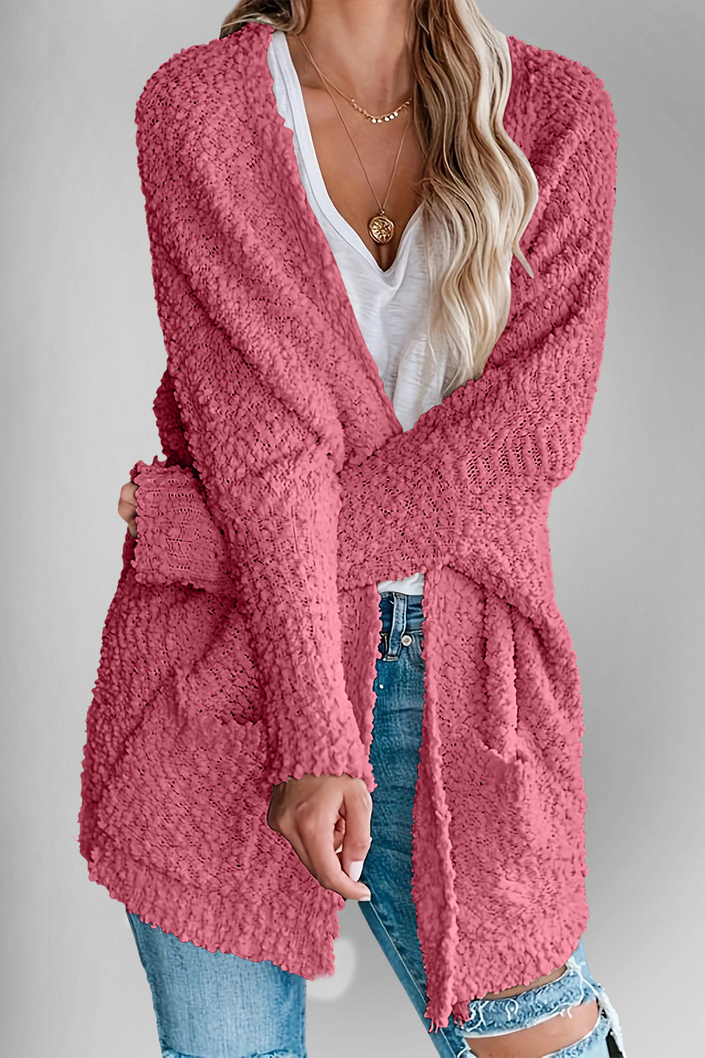 Sweater Cardigan - Double Take Pocketed Open Front