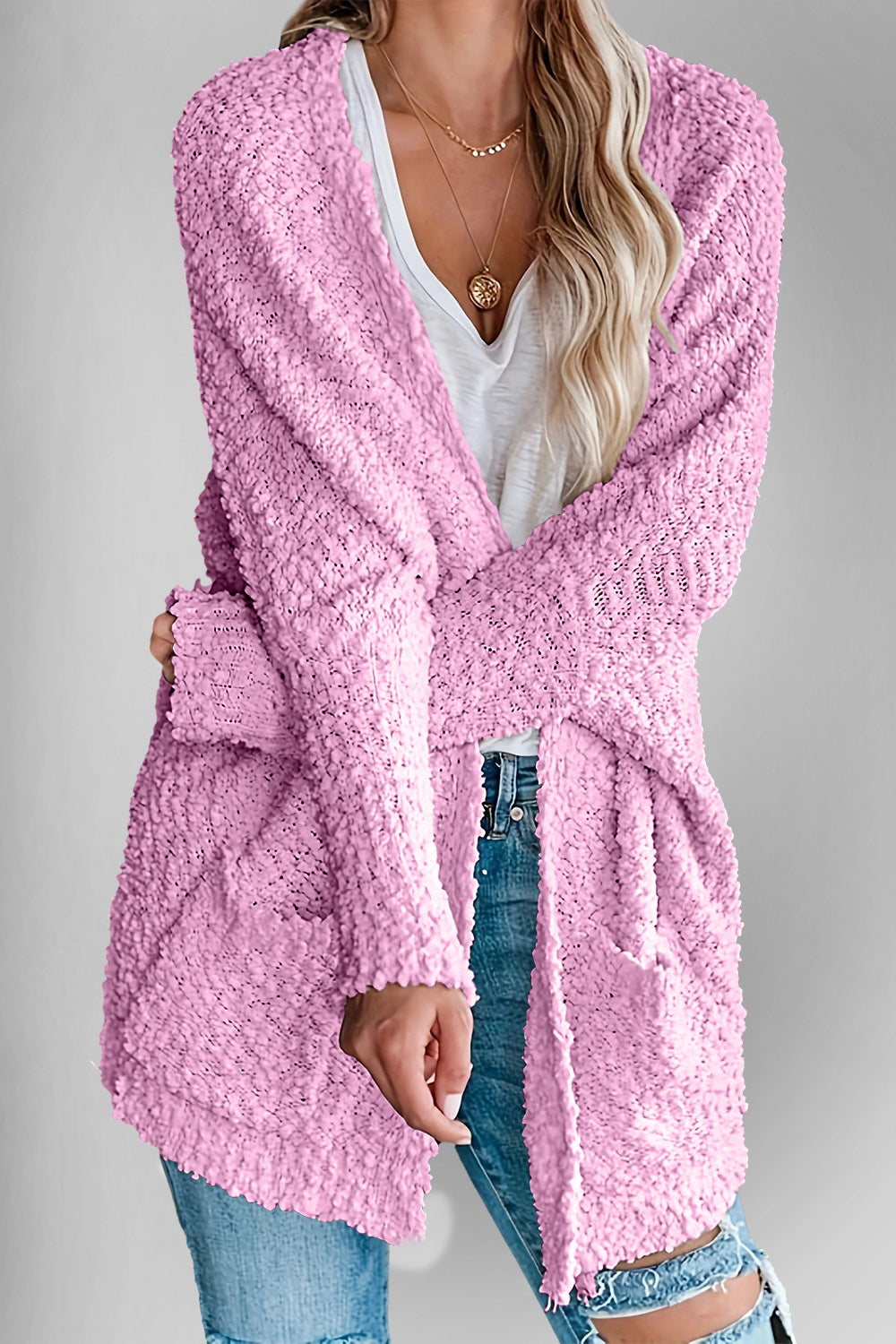 Sweater Cardigan - Double Take Pocketed Open Front