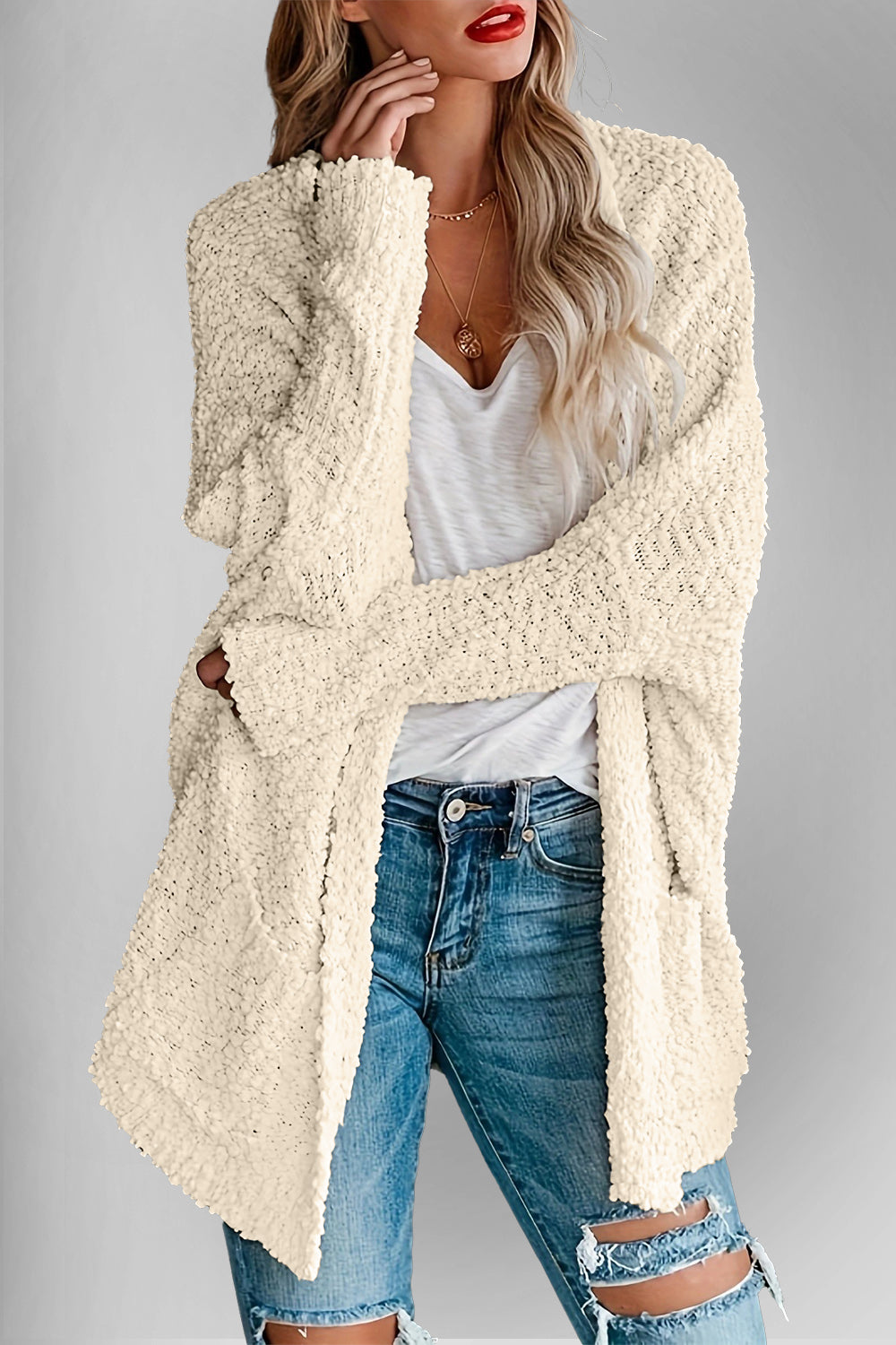 Sweater Cardigan - Double Take Pocketed Open Front