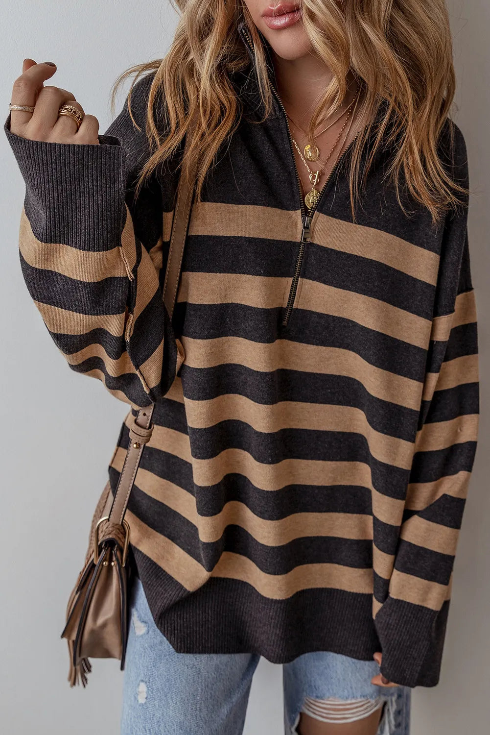 Sweater - Striped Half Zip Long Sleeve