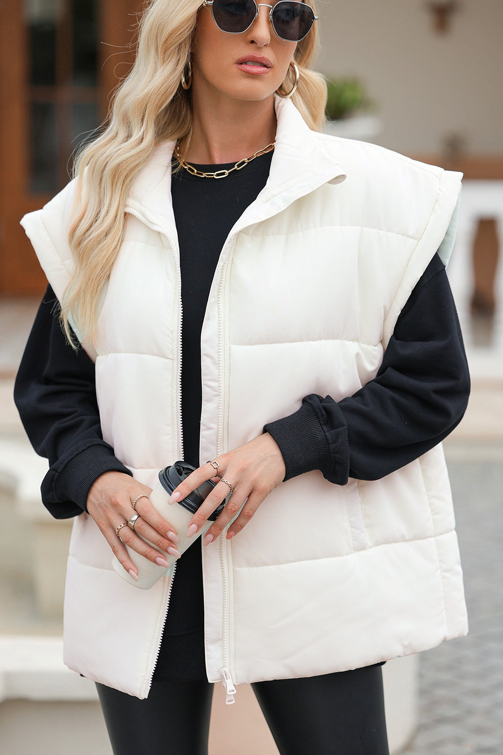 Vest - Oversized Zip Up Puffer Vest Coat with Pockets