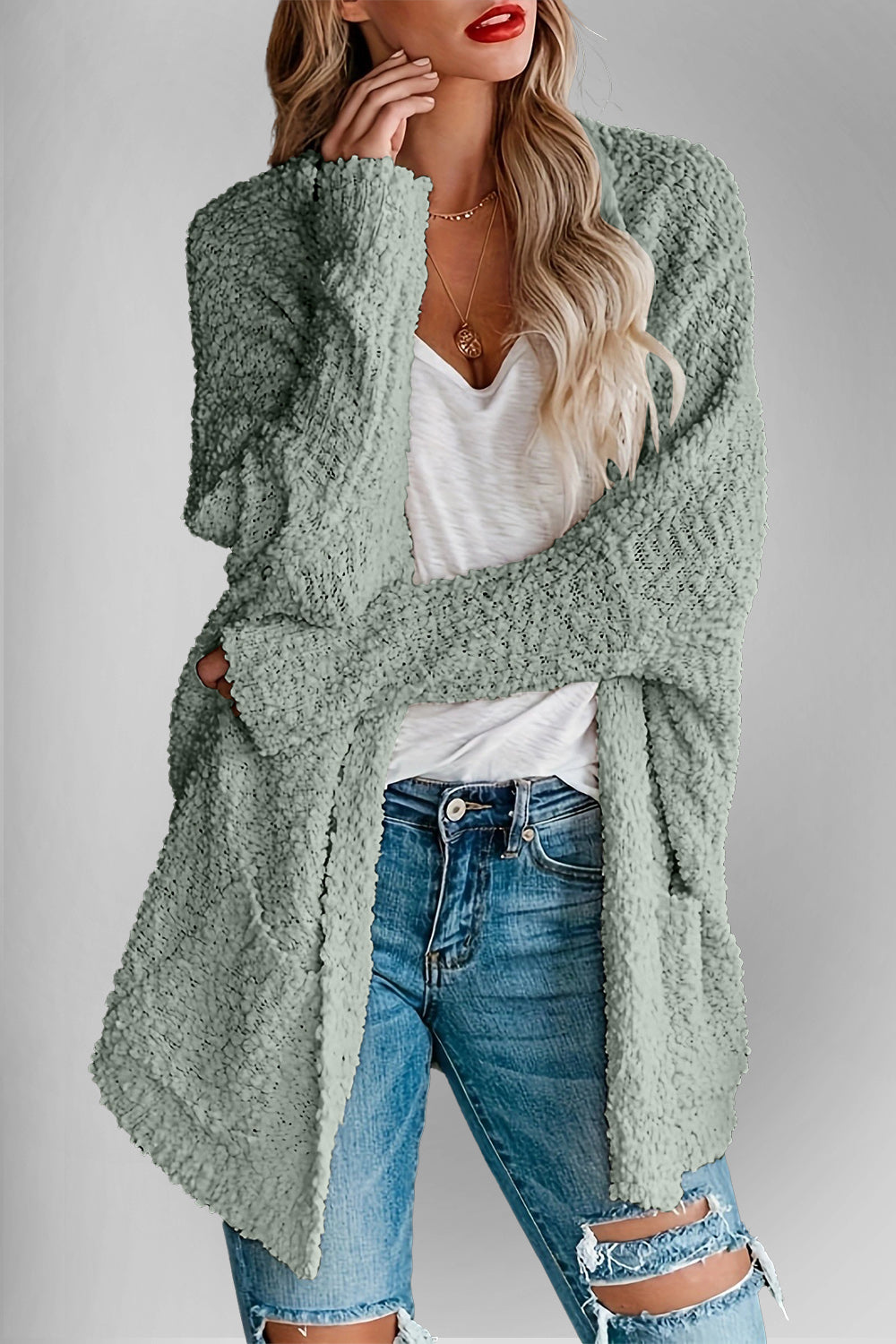 Sweater Cardigan - Double Take Pocketed Open Front
