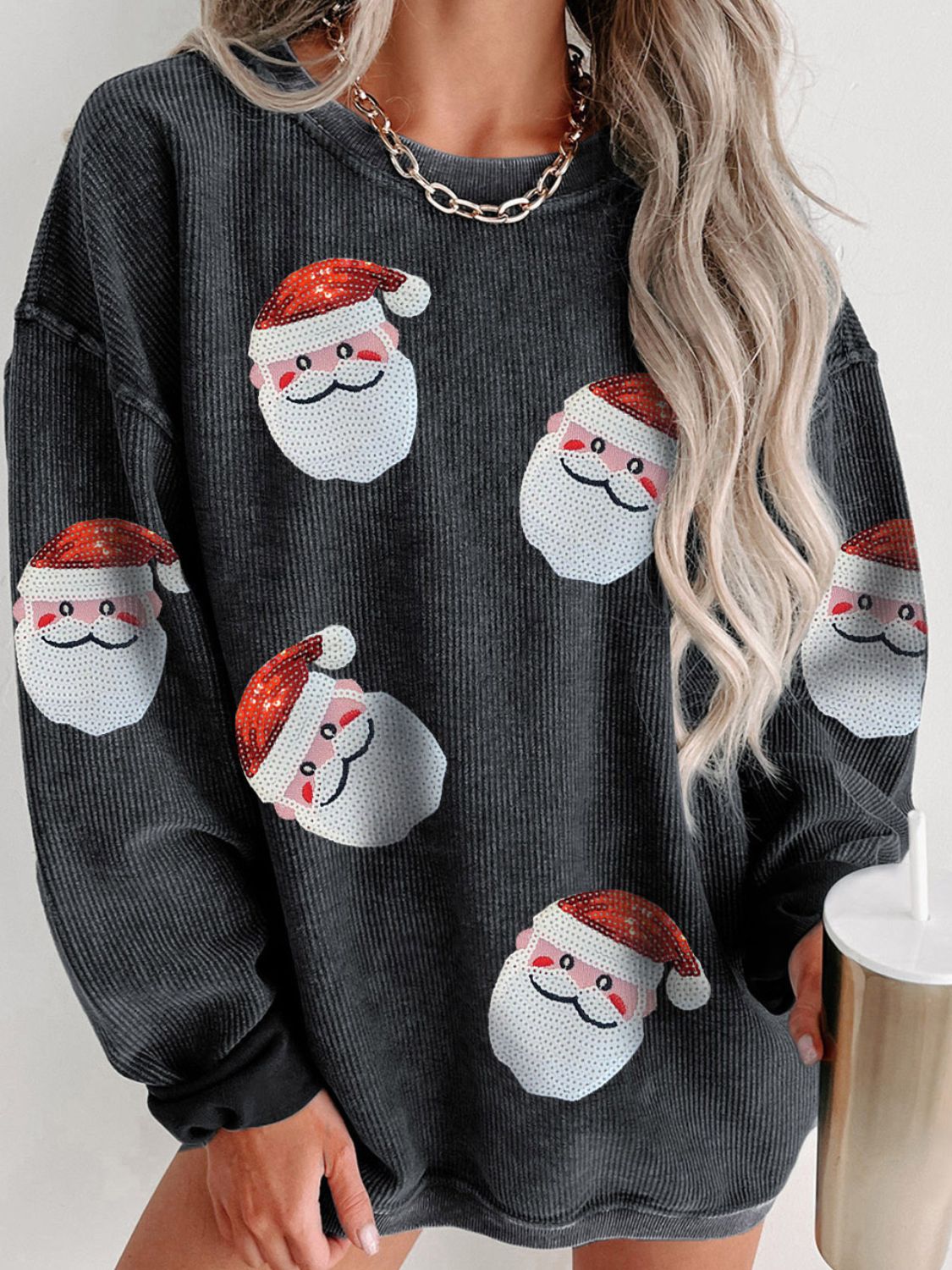 Sweatshirt - Sequin Santa Patch Ribbed