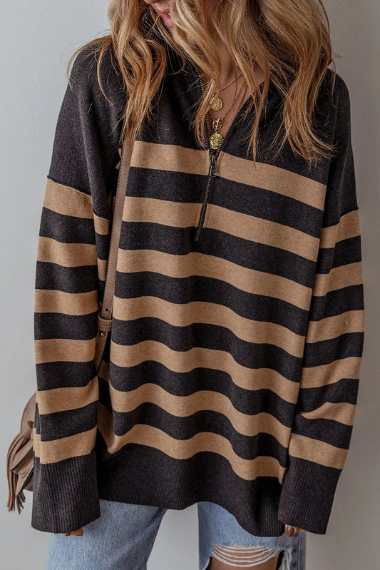 Sweater - Striped Half Zip Long Sleeve
